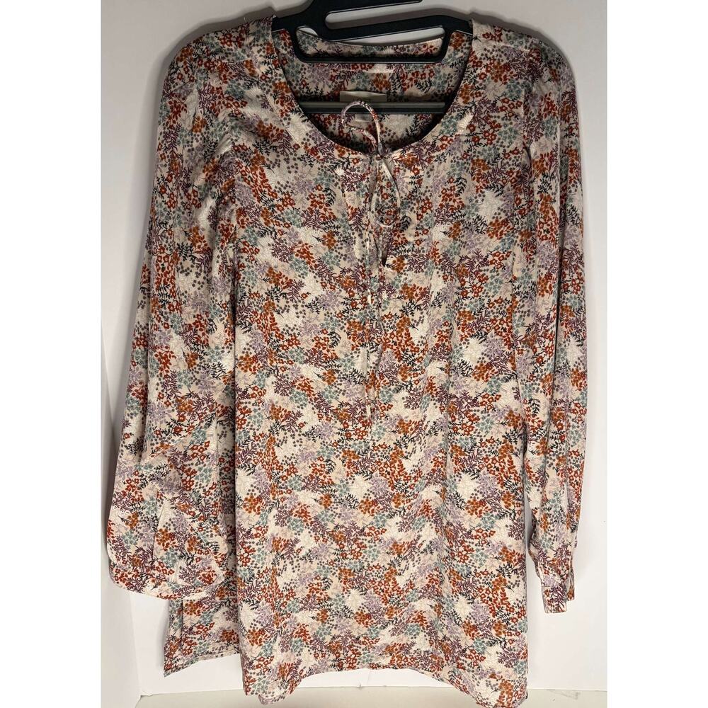 LOFT Floral Blouse Women Large Multicolor Long Sleeve Tie Neck Boho Career